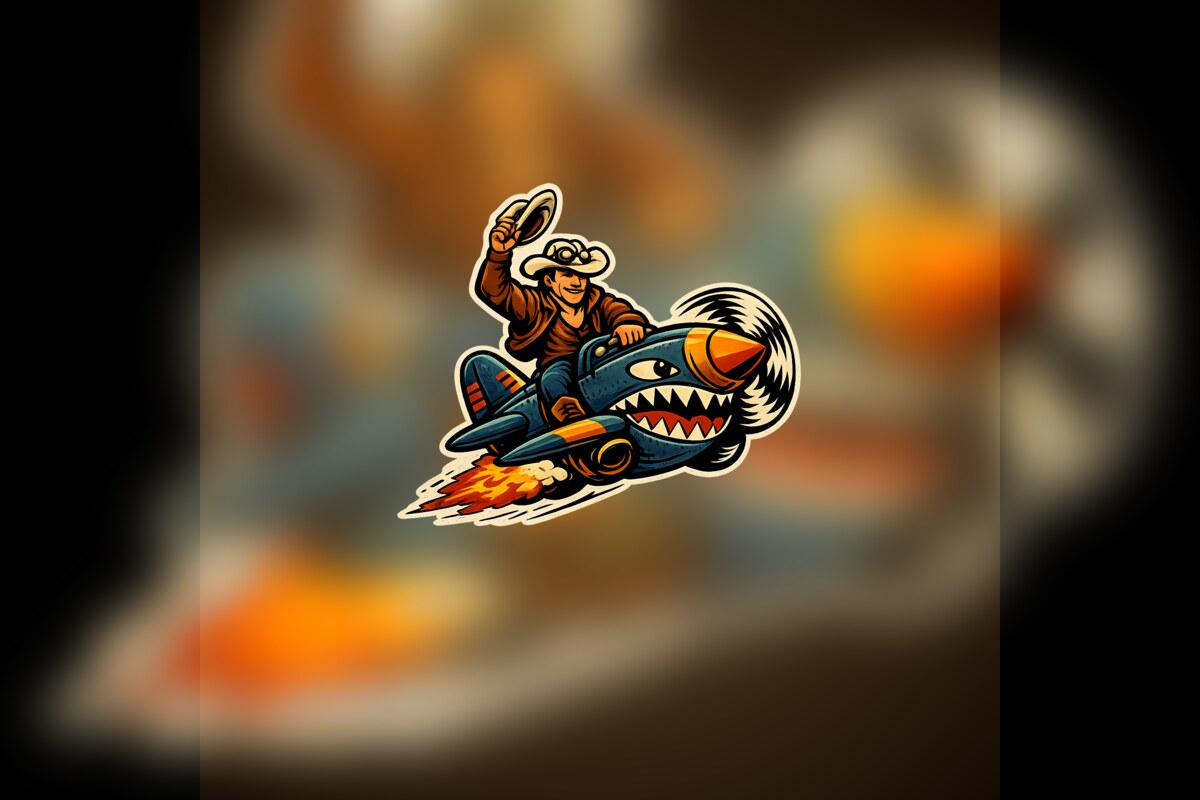 Spitfire Cowboy mascot riding a snarling plane with exhaust fire