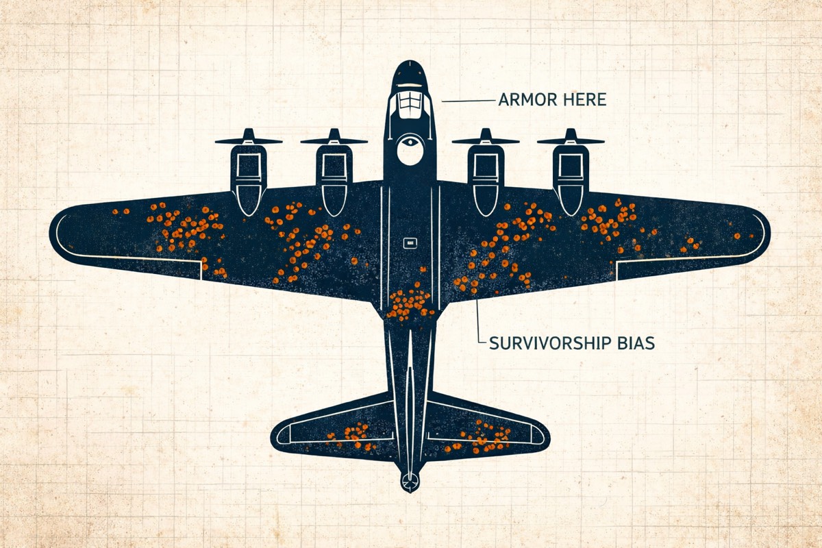 Abraham Wald survivorship bias diagram - armor where the holes aren't